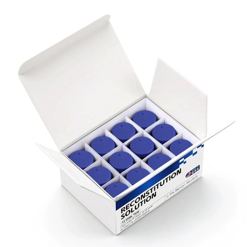 Reconstitution solution 5 mL, 12-pack in premium glass vials with blue caps in a white box.