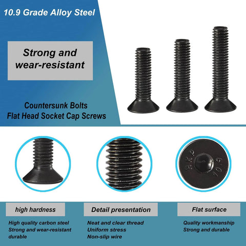 M5 Flat Head Hex Socket Cap Screws Set, 10.9 Grade Alloy Steel, Black Oxide Finish, Various Lengths, 50 Piece Assortment Kit shown.