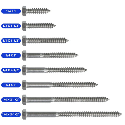 Quarter Inch By One And A Half Inch Hex Head Lag Screws In 304 Stainless Steel For Wood Construction Pack Of Twenty, shown in various lengths