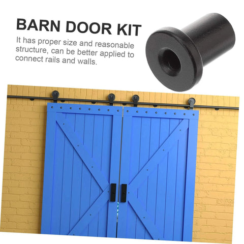 Five Pack Barn Door Track Spacers Black Connectors for Sliding Barn Doors Wall Mount Hardware for Slick Rolling Replacement and Easy Install in Farm Garage Basement Doors, showing close-up of black spacer and blue barn doors.