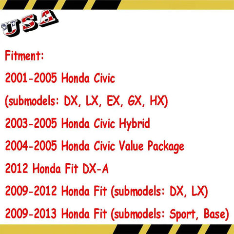 Fitment details for Honda Civic 2001-2005, Honda Civic Hybrid 2003-2005, and Honda Fit 2012-2013 models.