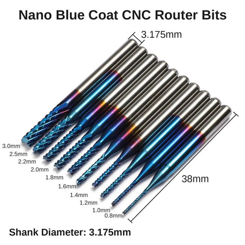 40 Piece CNC Router Bit Set With One Eighth Inch Shank Including Two Flute Flat Nose And Ball Nose Bits Nano Blue And Titanium Coatings