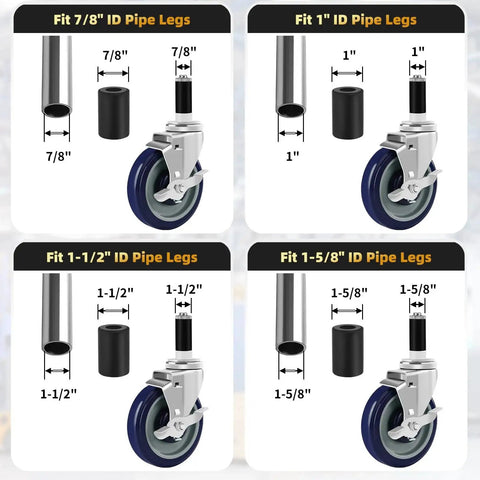5 Inch Prep Table Wheels Set Of 4 With Expanding Stem Casters Swivel Fits Various Tube Legs for Stainless Steel Tables