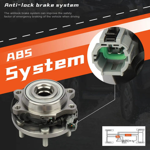 Front Wheel Hub And Bearing Assembly 6 Lug With Abs For Nissan Frontier Pathfinder Xterra Equator 4WD 4X4 visualization with ABS system