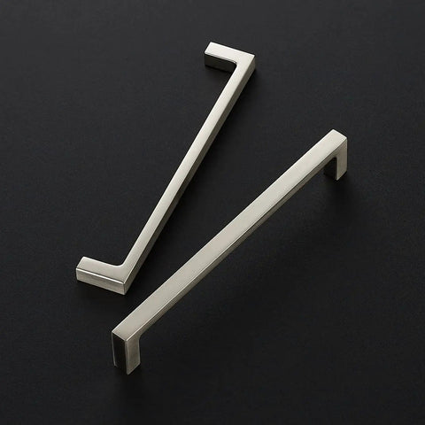 Solid Six And One Quarter Inch Square Cabinet Handles In Brushed Nickel, 25 Pack Drawer Pulls for kitchen cabinets, shown in pair.