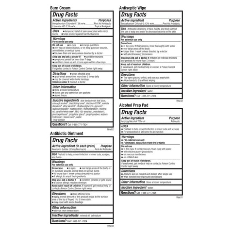 Drug facts labels for items in Ten Person OSHA ANSI First Aid Kit With One Hundred Pieces For Home Office School Industrial Sites And Restaurants