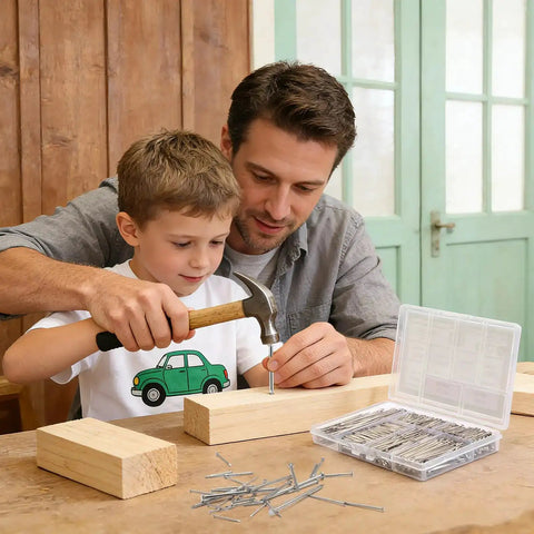 Father and son using 510 Piece Stainless Steel Nails Kit With 7 Sizes For Woodworking Fencing Furniture And DIY Projects Pro Grade
