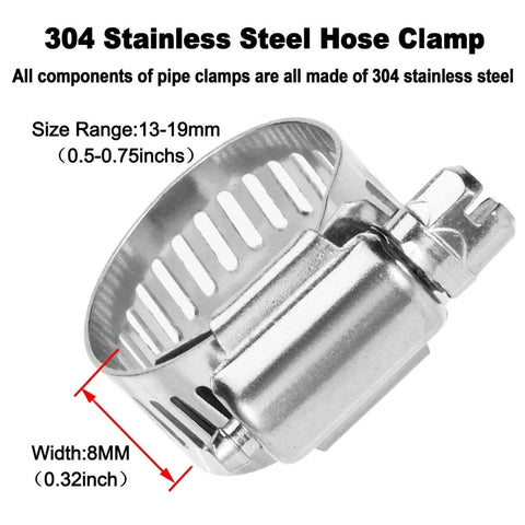 304 stainless steel hose clamp with size range 13-19mm and width 8mm, ideal for Three Eighths Inch Brass Hose Barb Splicer Mender Fittings.