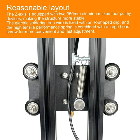 Metal Z-axis frame with pulleys and spring mechanism for 3D printer stability, focus on adjustable screw and wiring clip