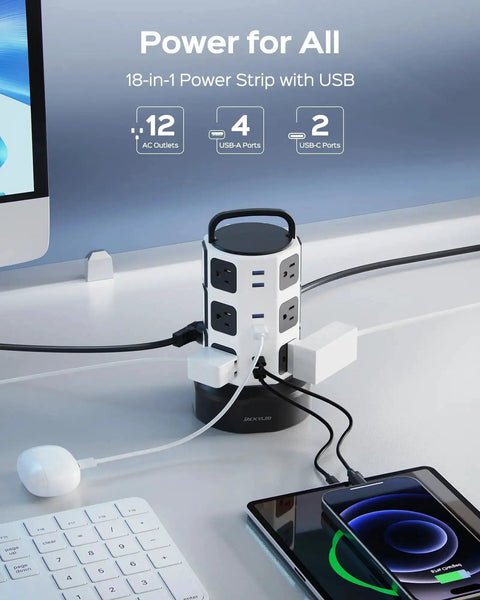 12 Outlet Surge Protector Tower With 6 USB Ports And 2 USB-C, 6.5 Foot Extension Cord for home office, shown on desk setup