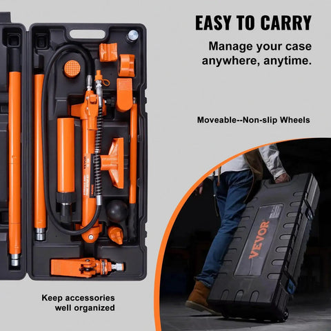 10 Ton Porta Power Hydraulic Kit With Pump 4.6 Ft Hose Bent Frame Repair Tool in portable carrying case