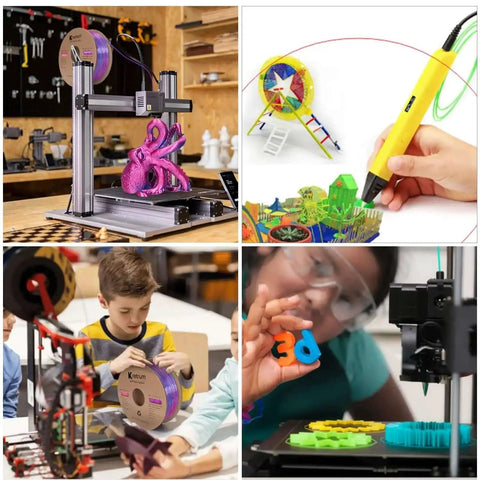 3D printing projects using Silk Dual Color PLA Filament Bundle, 1.75mm, 4 Spools Each At 250g, kids creating art with filament