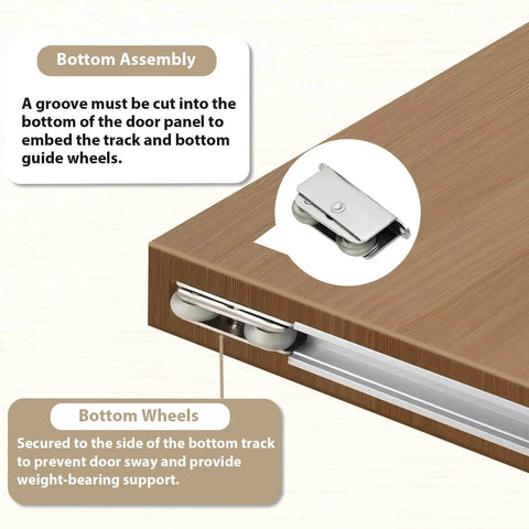Bottom assembly of 38 Inch Concealed Sliding Barn Door Hardware Kit with Soft Close showing track and guide wheel installation