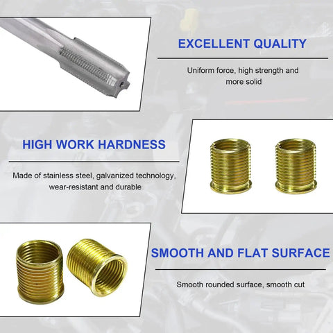Close-up of 11 Piece Spark Plug Thread Repair Kit With M14x1.25 And M16x1.25 Inserts Stainless Steel Rethread Tool Set components