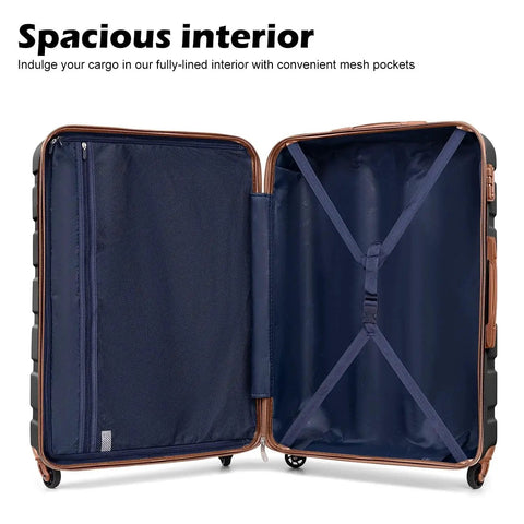 Interior view of lightweight 3 piece hardside luggage set with easy glide spinner wheels and TSA lock. Spacious design with mesh pockets.