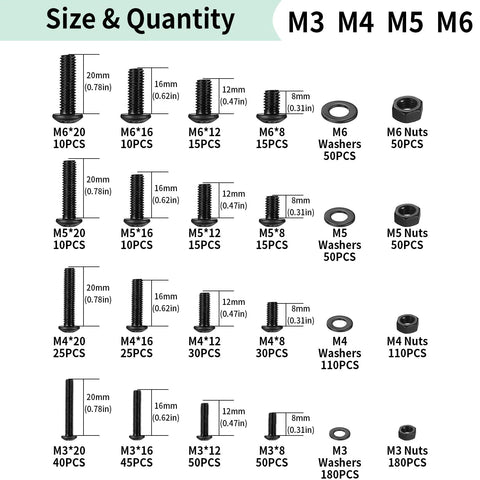 1170 Pcs Metric Bolts And Nuts Set With M3 M4 M5 M6 Hex Socket Button Head Screws Washers And Nuts Kit for sizes and quantities