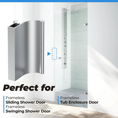 Chrome Glass Sliding Shower Door Pull Handle For 3/16 And 1/4 Inch Thick Glass, Universal Replacement Handle shown next to shower enclosure.