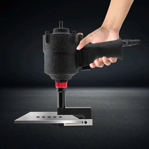 Hand using 8mm Pneumatic Hole Puncher for Metal Sheets Heavy Duty Air Hole Punch Tool with 360 Degree Rotating Design, punching metal plate.