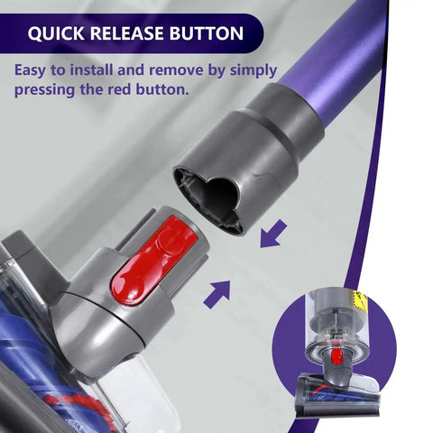 Quick release button on Mini Motorized Vacuum Brush Head For Dyson V7 V8 V10 V11 V15 Cordless Cleaners, easy snap fit attachments