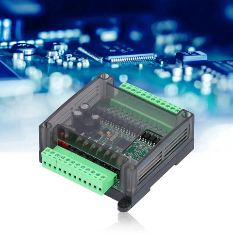 12 Inputs 8 Outputs DC12V Programmable Logic Controller Module With 8000 Step Memory And Transistor Outputs, transparent casing, circuitry visible