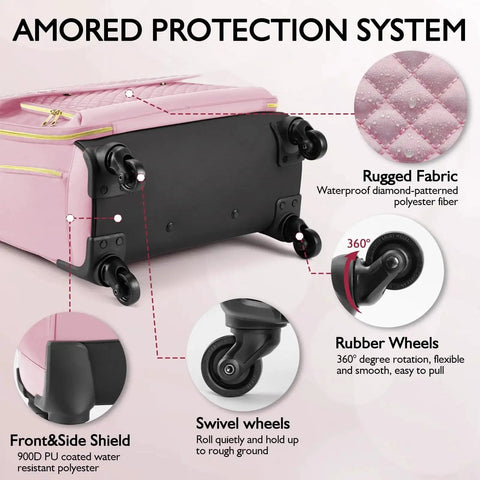 Close-up of pink rolling laptop bag for women with four spinner wheels, telescopic handle, and TSA-friendly design.