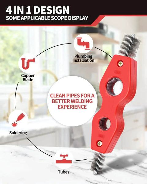 4 Piece 4 In 1 Copper Pipe Cleaning Kit With Reamer And Deburring Brush For 1/2 And 3/4 Inch PVC PPR Brass Aluminum Pipes Inner Outer Reamer Tool Kit Quick Burr Removal For Clean Ends with red handle in kitchen setting