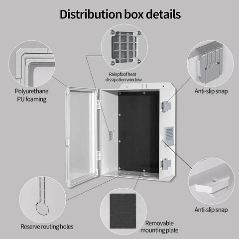 Rugged Outdoor Electrical Junction Box With Waterproof ABS Enclosure open showing internal mounting panel and features like anti-slip snaps.