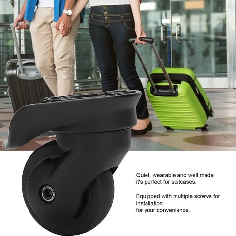 2 Pcs A52 Quiet Single Row Wheel for Suitcases, shown with travel luggage in a busy airport setting, made with PP and PET materials.