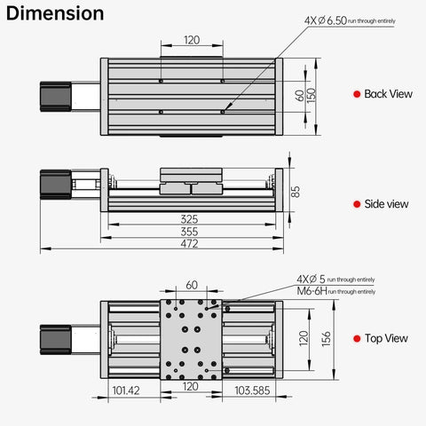 Technical diagram of XC150 CNC Linear Stage Motion Actuator XYZ Axis Cross Sliding Table With 1605 Ballscrew And Nema23 Stepper Motor Bracket