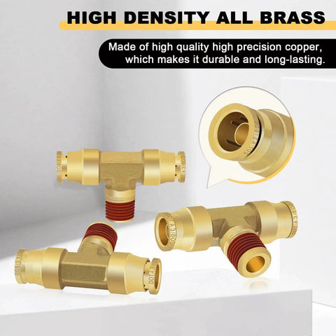 Front view: brass push-to-connect tee fittings, 3 pcs, 3/8 in OD to 1/4 in NPT, air brake trailer system components