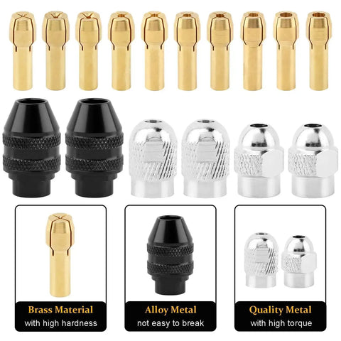 28 Piece Drill Chuck Collet Set For Dremel Rotary Tools 1/32 To 1/8 Inch Replacement 4486 Keyless Chucks Shank Quick Change Adapter Kit