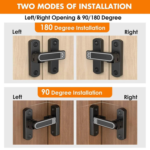 Adjustable Barn Door Latch For Self Aligning Sliding Doors With Height Tuning From 0 To 7 Millimeters Locks At Ninety Or One Hundred Eighty Degrees Zinc Alloy Construction In Black And Luminous Finish For Barns Sheds And Garden Fence Doors demonstrating installation modes.