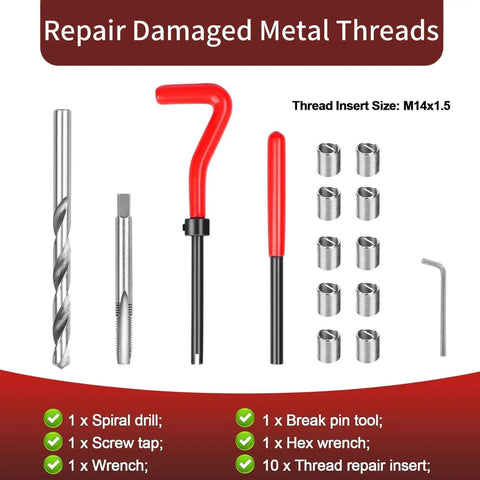 15 Pcs M14x1.5 Female Thread Repair Inserts Kit With Helicoil Style Inserts Pro Grade Drill And Tap Tools Wrench Break Pin Tool Hex Wrench Organizer Box For Automotive And Mechanical Maintenance displayed with tools and inserts.
