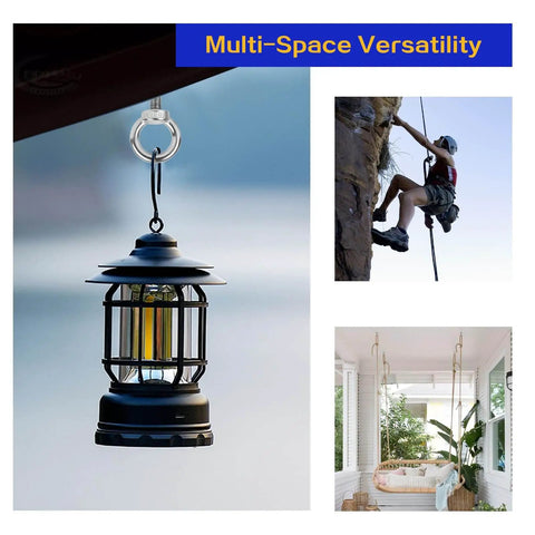 Collage of a lantern hanging outdoors, a climber ascending a rock, and a swing in a sunlit room, showcasing multi-space versatility.