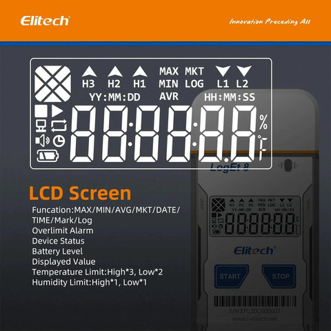LCD screen of Reusable USB Temperature Data Logger Elitech For Cold Chain, showing various device status indicators.