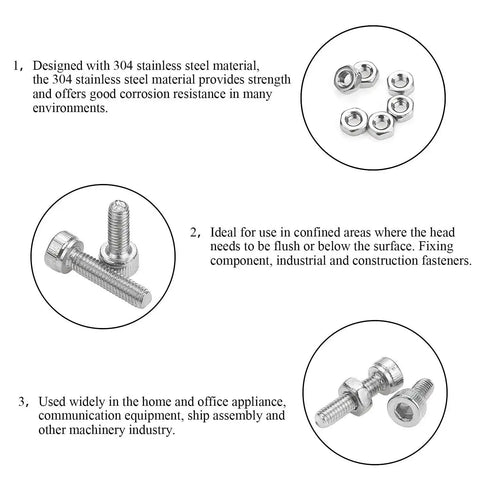310 Piece Stainless Steel 304 Hex Socket Head Cap Bolts Screws Nuts Kit With Allen Wrench M2 M4 M6 M8 M10 M12 M16 M20 For DIY Projects Robotics And Mechanical Fasteners pieces displayed in groups against a white background.