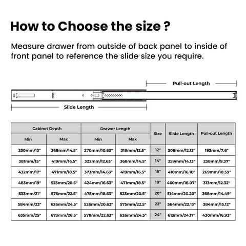 Size chart for Center Mount Drawer Slides For Cabinets And Dressers, 16 Inch Heavy Duty Rails With 10.74 Inch Extension.