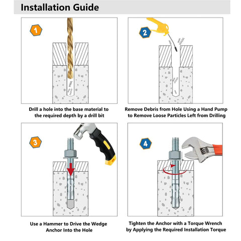 Installation guide for Pack Of Eight Zinc Plated Wedge Anchors Measuring Three Eighths Inch By Three And One Sixth Inches For Concrete