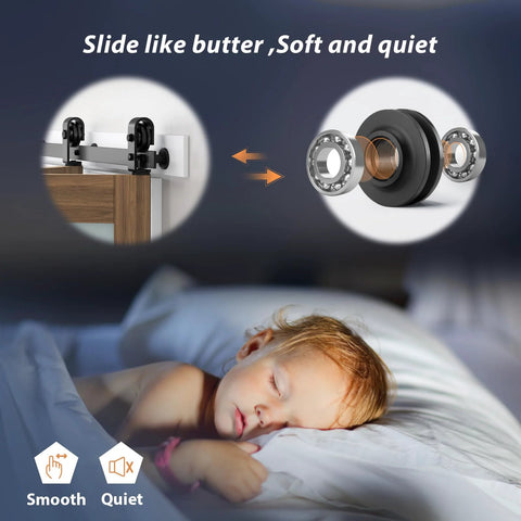 Close-up of barn door soft-close hardware and a sleeping child indicating noise-free functionality.