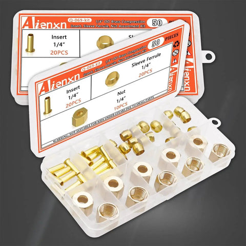 Brass Compression Fittings Assortment Kit 1/4 Inch 50 Piece Set with inserts, sleeve ferrules, and nuts in a plastic box