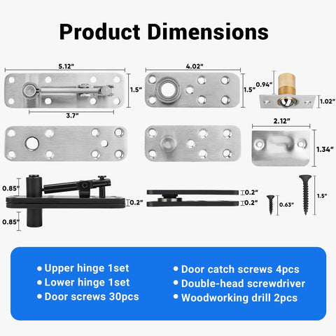 Beefy Stainless Steel Hidden Door Hinge With 360 Degree Pivot Rotation And 570 Lbs Load Bearing, Concealed Door Hardware for Bookcase Doors, shown with screws and drill components.