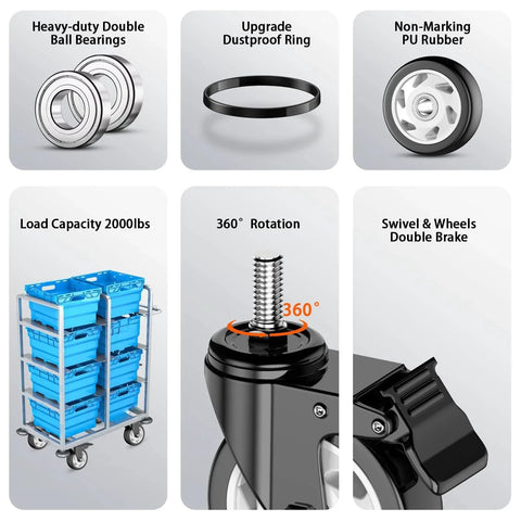 Features of 4 Inch Threaded Stem Swivel Casters Set Of 4 Heavy Duty Industrial Castors With 2000 Lb Capacity 500 Lb Per Wheel