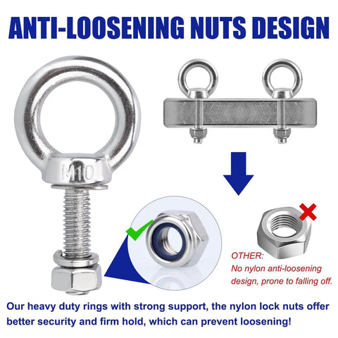 Set Of 8 M10 Eye Bolts With Nuts And Washers, 304 Stainless Steel Built Tough Heavy Duty Lifting Rings, Shoulder Style Eye Bolts