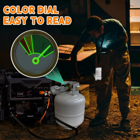 Two Stage Propane Regulator With 5 Foot Hose And Gauge connected to propane tank with easy-to-read color dial in dim lighting