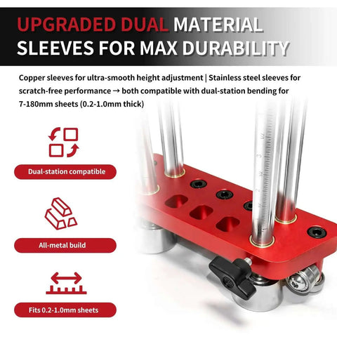 Close-up of dual material sleeves on Two-Station Sheet Metal Bender with scratch-free finishes, 0-100 degree precision, 7 inch roller