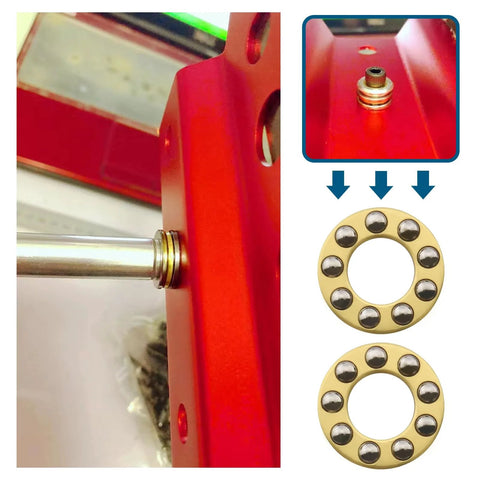 LT Easiyl 8pcs F8-16M thrust bearings, 8x16x5 mm, chrome steel; two gold-tone bearings mounted on a red frame with shaft