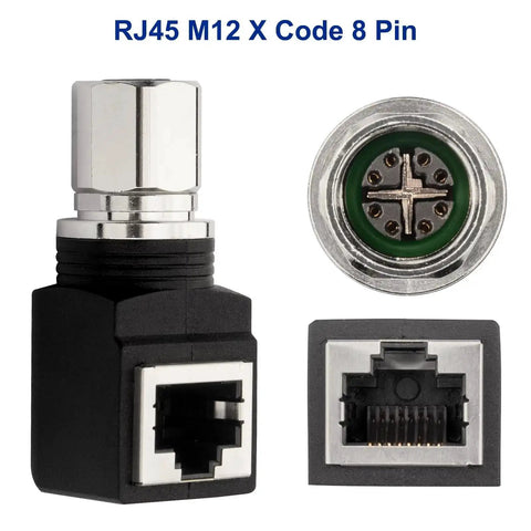 RJ45 To M12 X Coded 8 Pin Adapter 360 Degree Rotatable Shielded IP68 connector for Cat6a Cat5e 10Gbps automation.