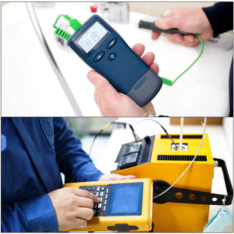 K-type thermocouple with plug, stainless steel probe, 3.3 ft wire for use with handheld temperature meter.