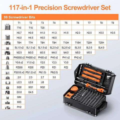 117 In 1 Precision Screwdriver Set With Torx Triwing Bits, open case showing various screwdriver bits and tools in an organized layout