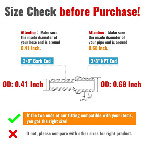Diagram showing size check for 3/8 NPT Brass Hose Barb Fittings, with 3/8'' barb and NPT end diameters.
